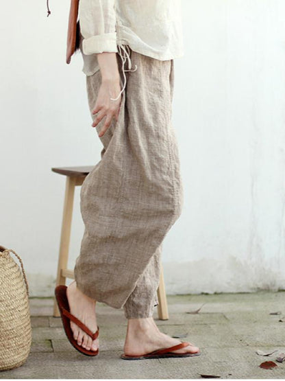 VINTAGE SOLID LINEN ELASTIC WAIST PANTS