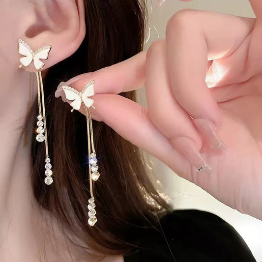 S925 silver needle sweet butterfly diamond tassel earrings