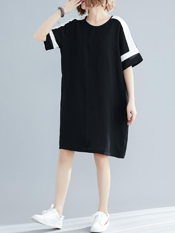 Plus Size Loose Chiffon Contrast Color Midi Dress