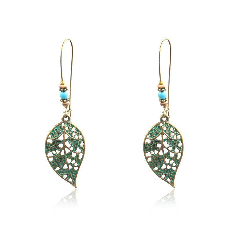 Alloy earrings openwork leaf turquoise earrings