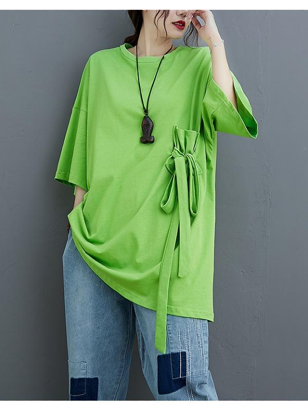 Loose Solid Color Bow-Embellished Half-Sleeve T-Shirt