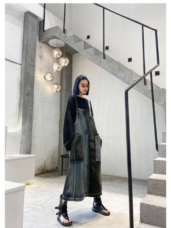 Contrast Color Splicing Sleeveless Jean Dress