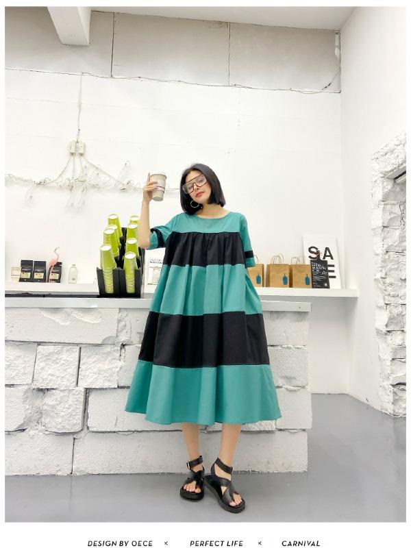 Plus Size Wide Stripes A-Line Midi Dress