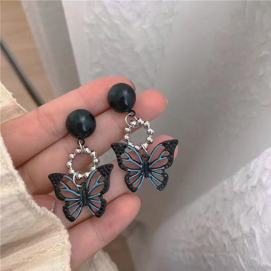 S925 Silver Needle Dark Hollow Butterfly Earrings