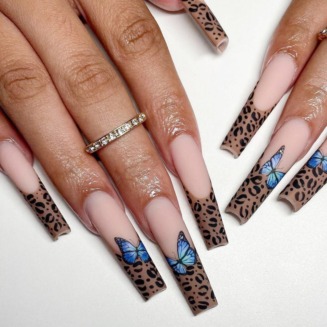 Almond Chestnut Brown Leopard Butterfly PRESS ON NAILS
