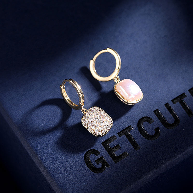 Geometric personality design Pearl zircon double-sided earrings