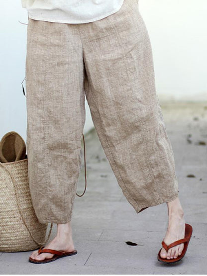 VINTAGE SOLID LINEN ELASTIC WAIST PANTS