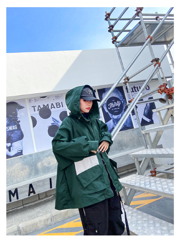 Stylish Loose Large Pocket Zipper Hood Outwear