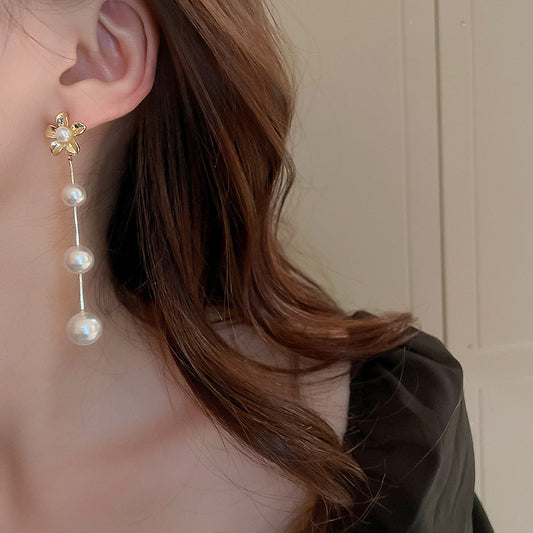 Simple pearl flower tassel earrings Baroque vintage earrings