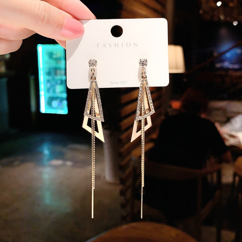 Bowknot geometric tassel long pearl rhinestone earrings