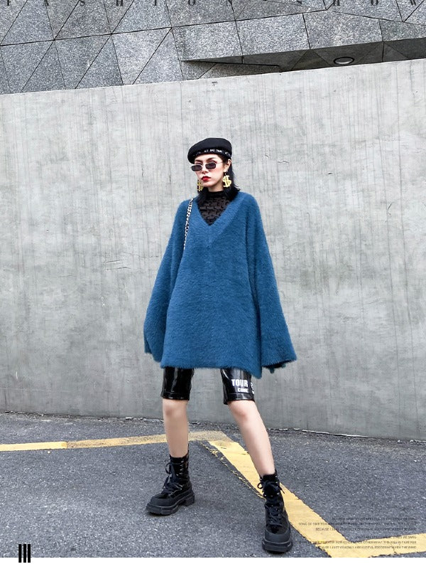 Loose V-Neck Mohair Knitting Sweater