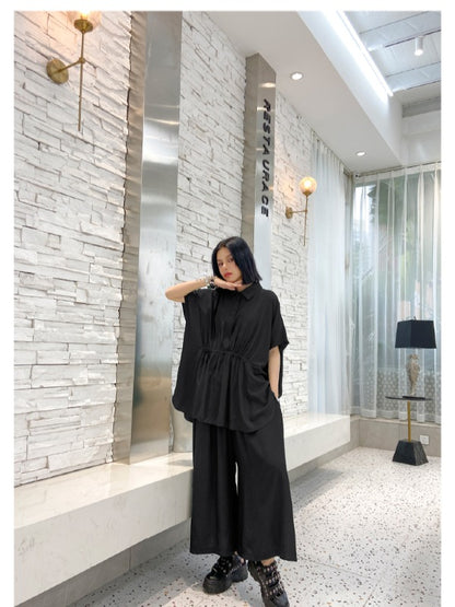 URBAN ELASTICITY BATWING SLEEVE LAPEL TOPS&WIDE LEG PANTS SUITS