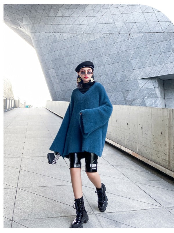 Loose V-Neck Mohair Knitting Sweater