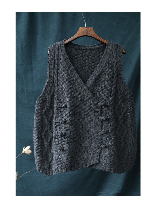 Vintage Loose Button Cropped V-Neck Vest