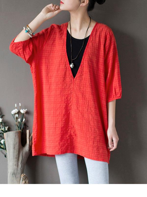 Original Sun-Protection Solid Plaid V-Neck Shirt