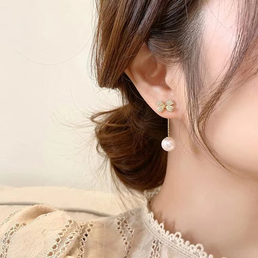 S925 silver needle bow tassel pearl earrings