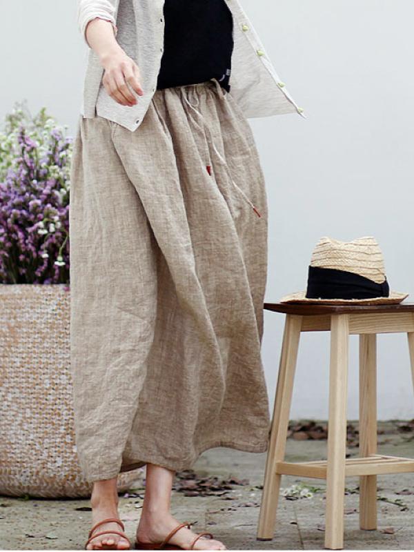VINTAGE SOLID LINEN DRAWSTRING SKIRT