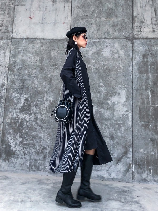 Vintage Striped Splicing Cropped Loose A-Line Dress