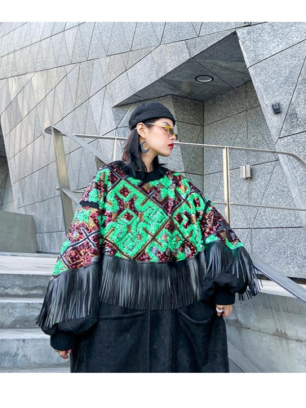 Loose Spliced Tasseled Sequined A-Line Dress