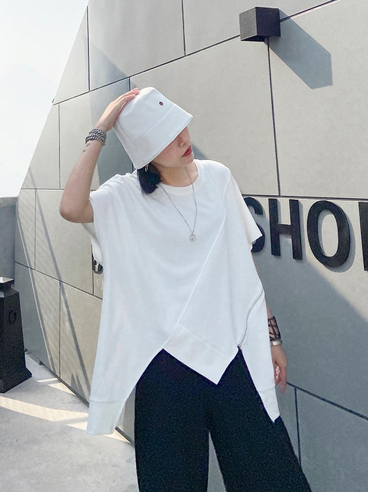 ASYMMETRIC SPLIT-JOINT ROUND-NECK T-SHIRT