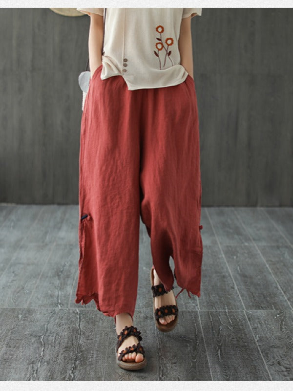 LOOSE WIDE-LEG CROPPED LINEN PANTS