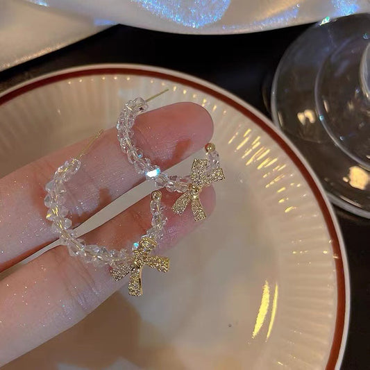 S925 Silver Needle Super Fairy Bow Crystal Beaded Earrings