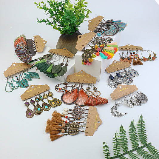 Drop-shaped tassel turquoise feather flower earrings