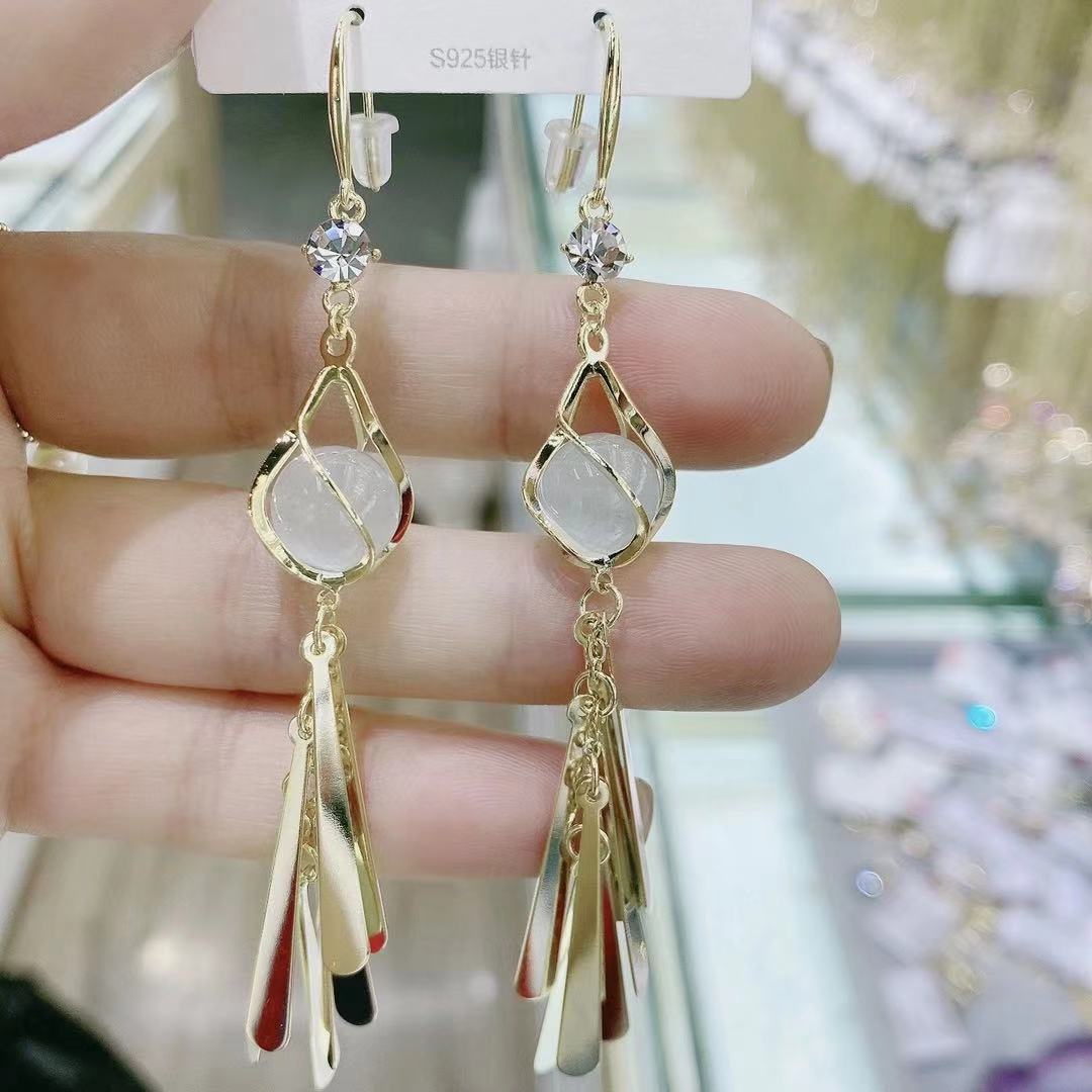 Bowknot geometric tassel long pearl rhinestone earrings