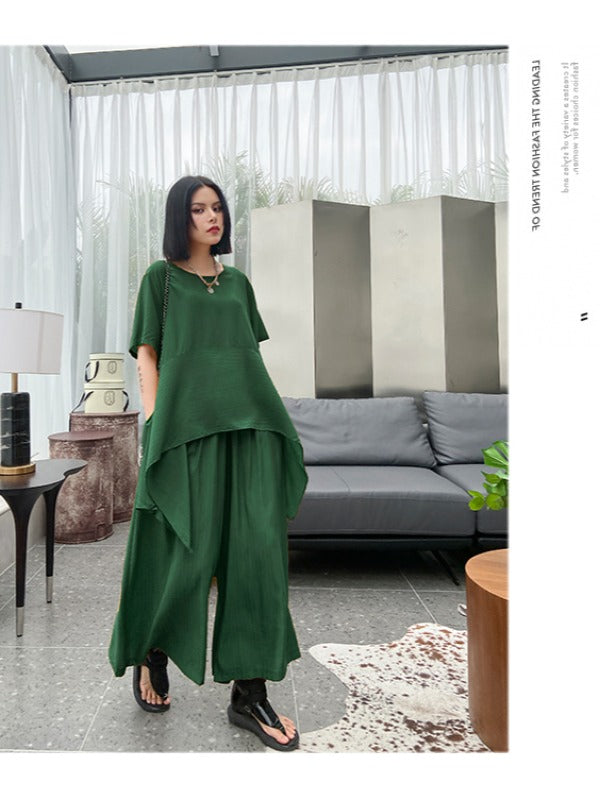 URBAN SOLID ROUND-NECK T-SHIRT&WIDE LEG PANTS SUITS