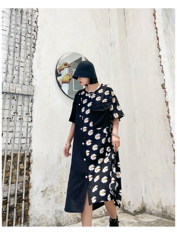 DAISY PRINT SPLICING CROPPED DRESS