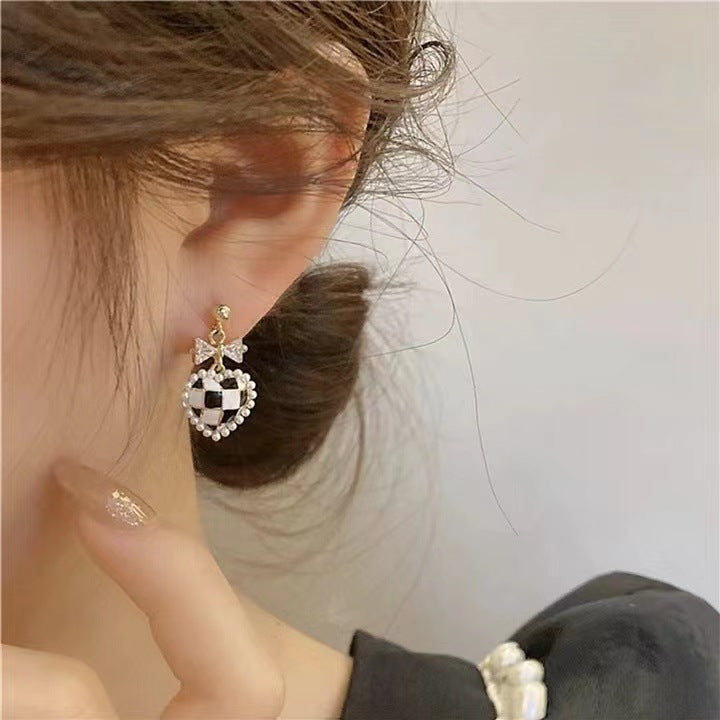 S925 silver needle pearl bow checkerboard earrings