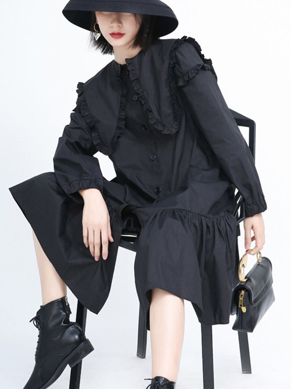 Loose Solid Ruffle Collar Cropped Falbala Dress