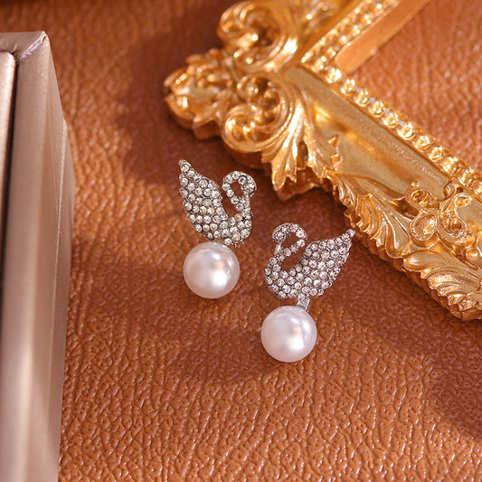 S925 silver needle full diamond swan earrings