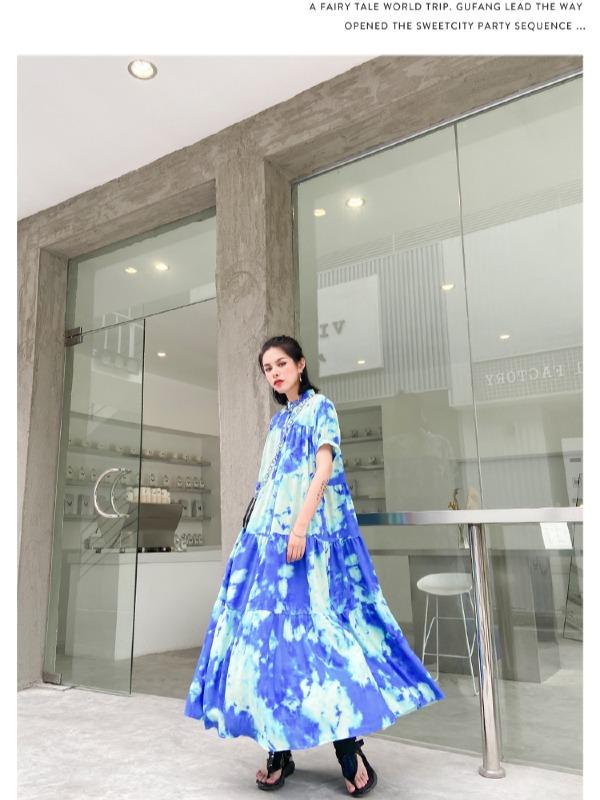 Fashion Tie-Dyed Bishop Sleeve A-Line Dress