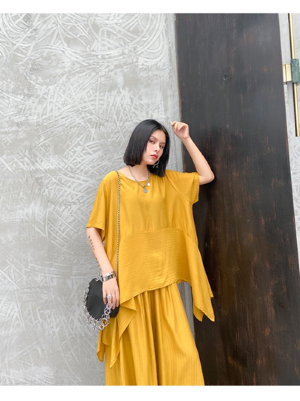 URBAN SOLID ROUND-NECK T-SHIRT&WIDE LEG PANTS SUITS