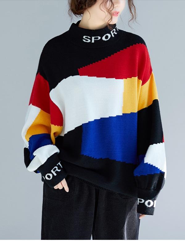 LOOSE CONTRAST COLOR HIGH-NECK KNITTING SWEATER - Zebrant