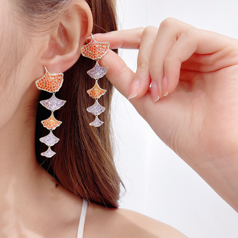 Geometric cool color zircon Apricot Leaf Earrings