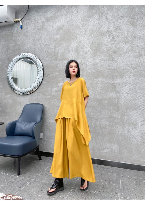 URBAN SOLID ROUND-NECK T-SHIRT&WIDE LEG PANTS SUITS