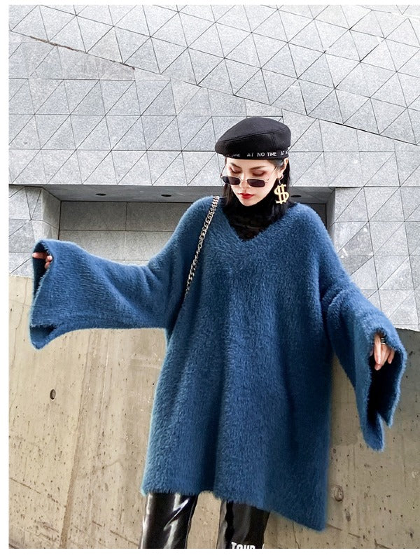 Loose V-Neck Mohair Knitting Sweater