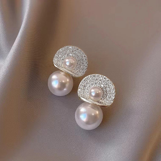 S925 Silver Needle Light Luxury Diamond Pearl Vintage Earrings