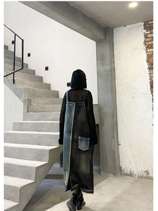 Contrast Color Splicing Sleeveless Jean Dress