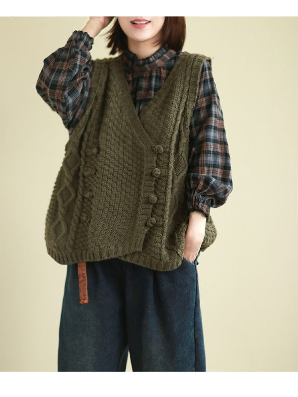 Vintage Loose Button Cropped V-Neck Vest