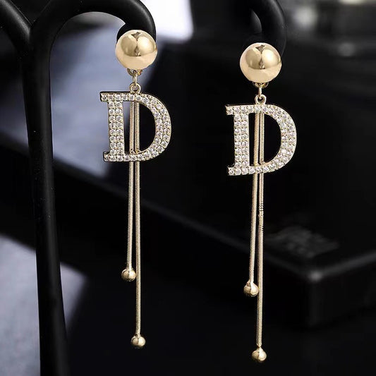 S925 silver needle bright tassel letter D earrings
