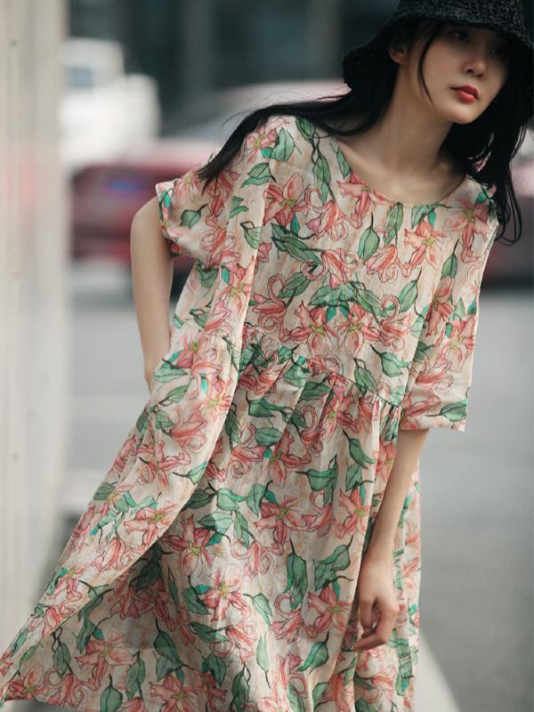 VINTAGE FLORAL PRINTED PLEATED SHORT DRESS