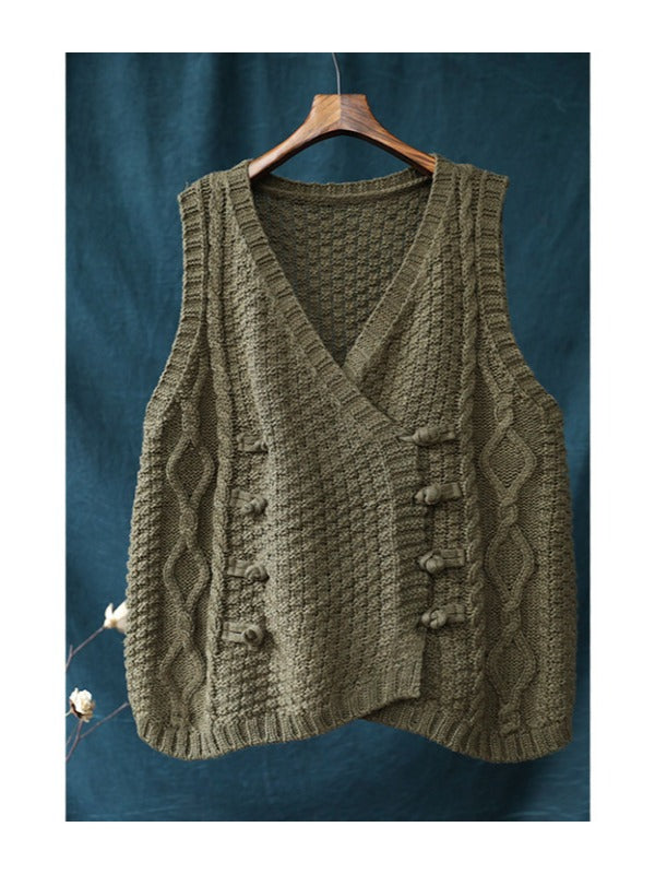 Vintage Loose Button Cropped V-Neck Vest