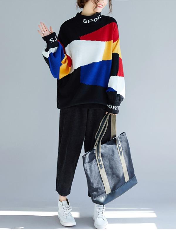 LOOSE CONTRAST COLOR HIGH-NECK KNITTING SWEATER - Zebrant