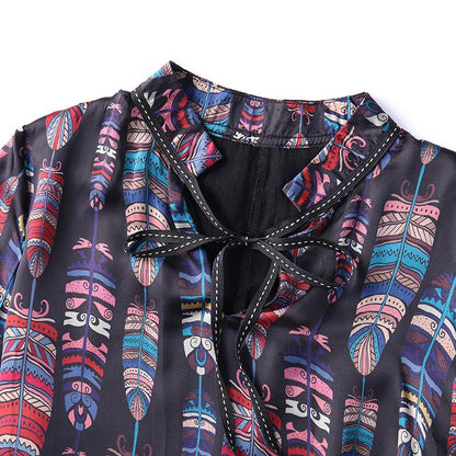 Ruffles Printing Lacing Loose Long Sleeve Mini Dress