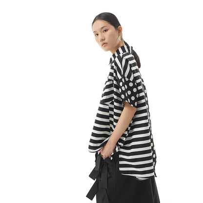 Oversized women's loose skinny top with striped irregular splicing top