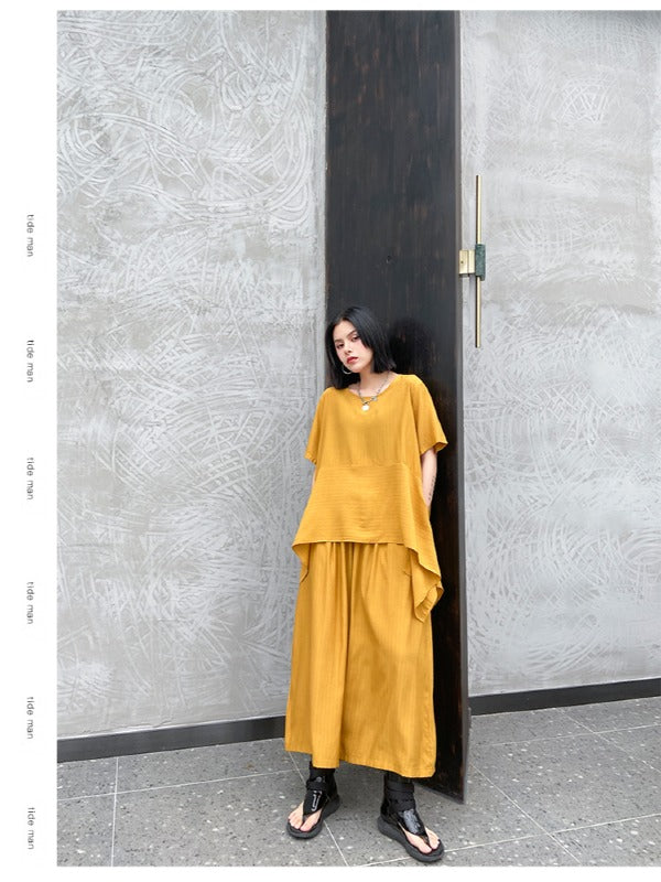 URBAN SOLID ROUND-NECK T-SHIRT&WIDE LEG PANTS SUITS
