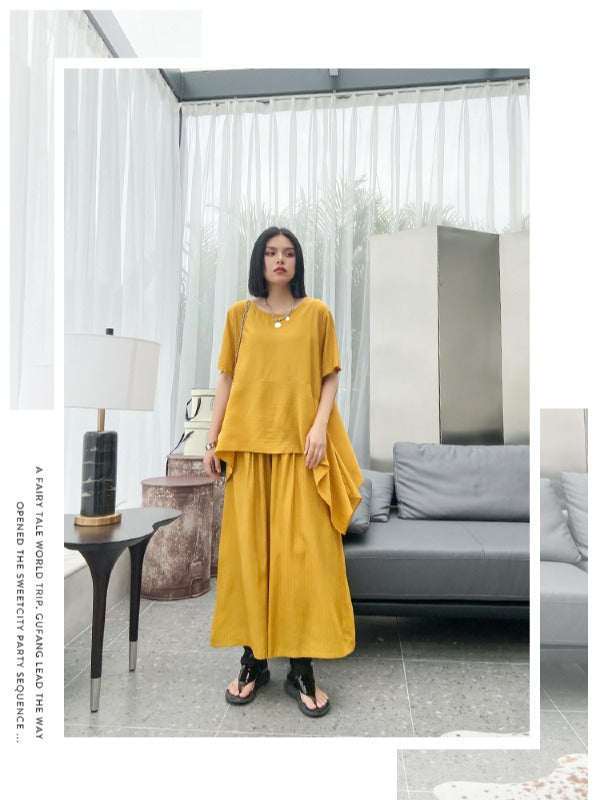 URBAN SOLID ROUND-NECK T-SHIRT&WIDE LEG PANTS SUITS